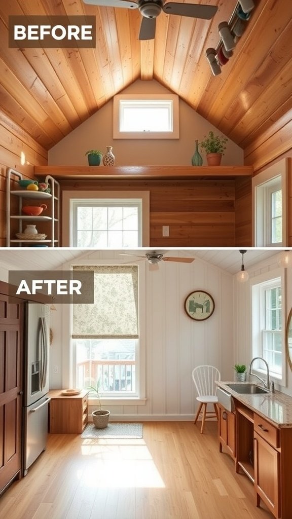 Before and after images of a tiny house renovation, showcasing a wooden kitchen transformed into a bright, modern space.