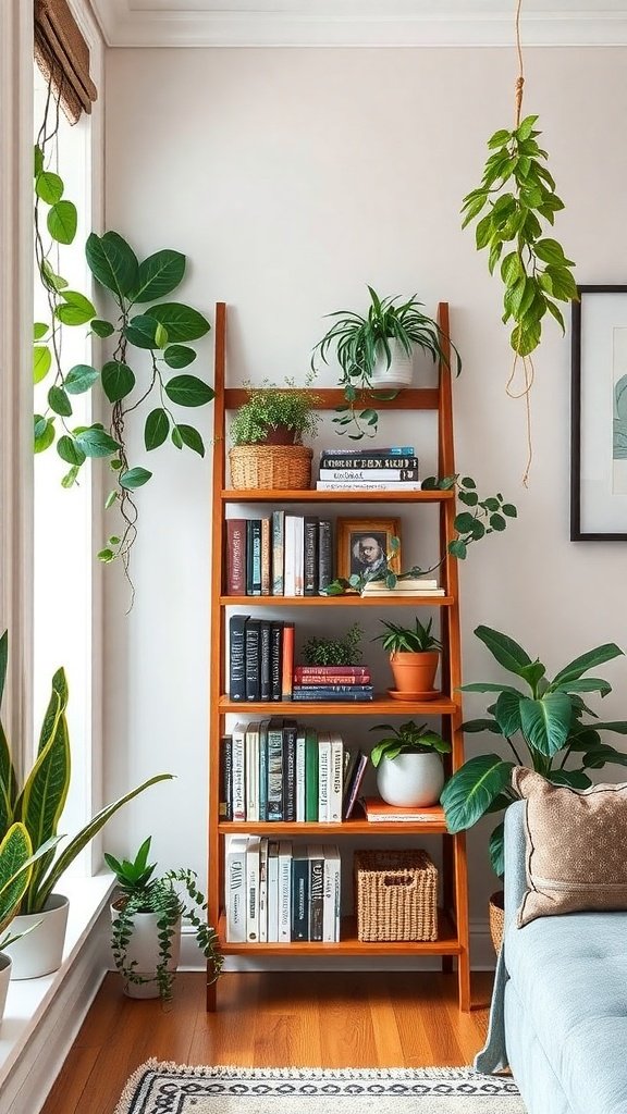 A wooden ladder shelf filled with books and plants, positioned near a window with natural light.