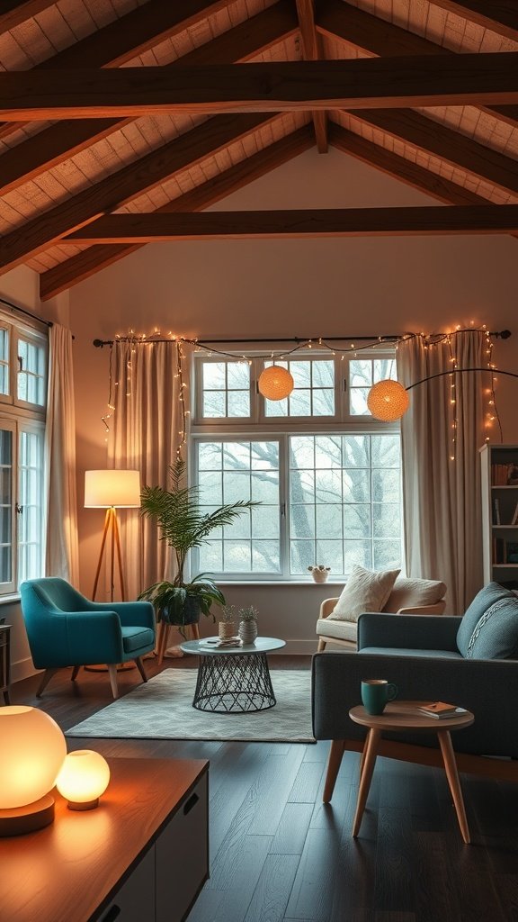 A cozy mid-century tiny house living room with layered lighting, featuring a floor lamp, table lamps, and string lights.