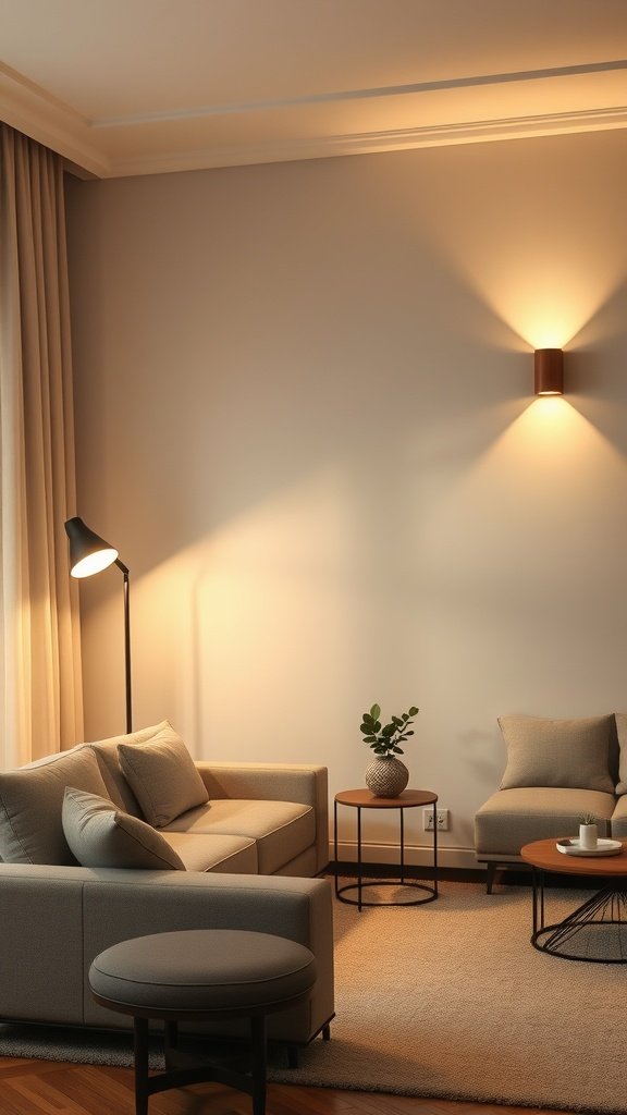 Cozy minimalist living room with layered lighting, featuring a floor lamp and wall-mounted light.