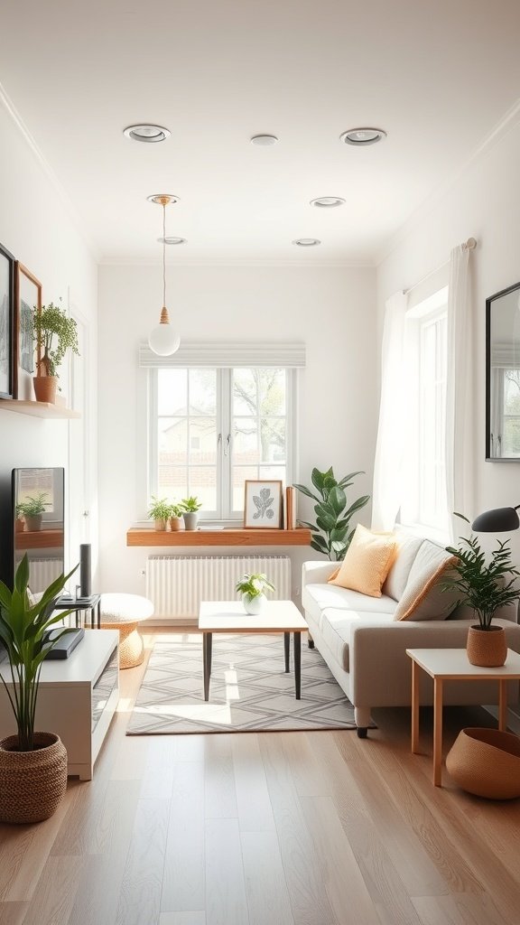 Cozy living area with light color palette, plants, and natural light