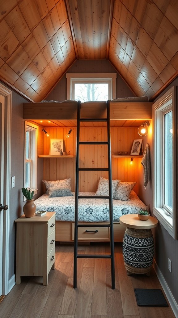 Cozy lofted sleeping area in a tiny house with wooden walls and a ladder