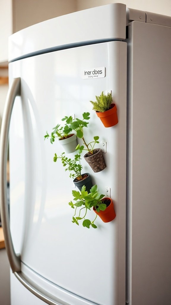 Magnetic plant holders on a refrigerator with various small plants
