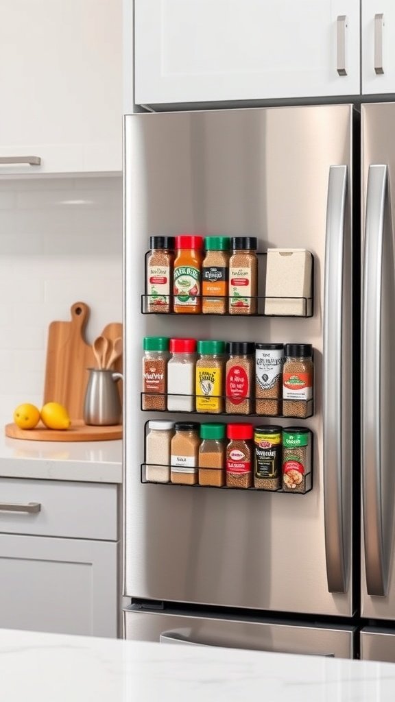 Magnetic spice racks attached to a refrigerator, showcasing various spice jars.