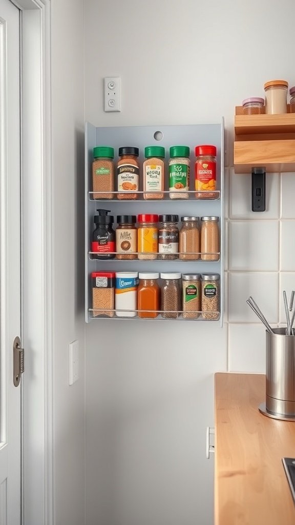 A wall-mounted magnetic spice rack displaying various spice jars in a tidy arrangement.