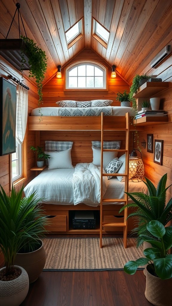 Cozy tiny house bedroom with lofted beds and plants