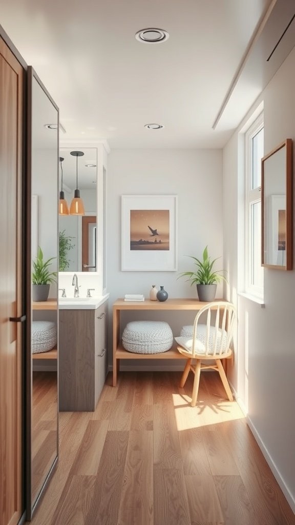 A bright and airy room featuring a mirror, cozy seating, and plants.