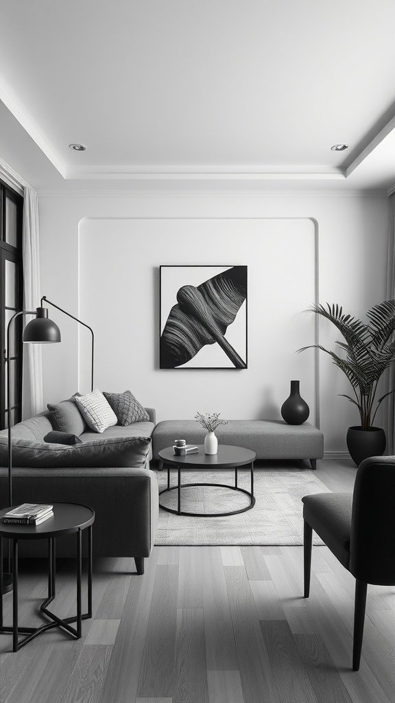 A minimalist living room featuring gray tones, a sectional sofa, and modern decor.