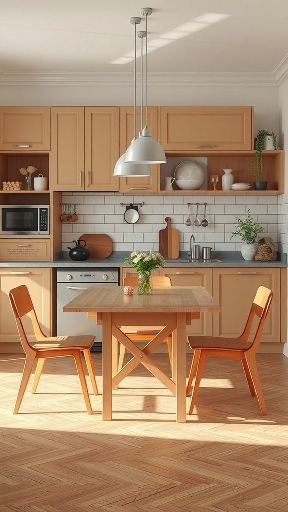A compact kitchen with a wooden dining table and chairs, showcasing multi-functional furniture.
