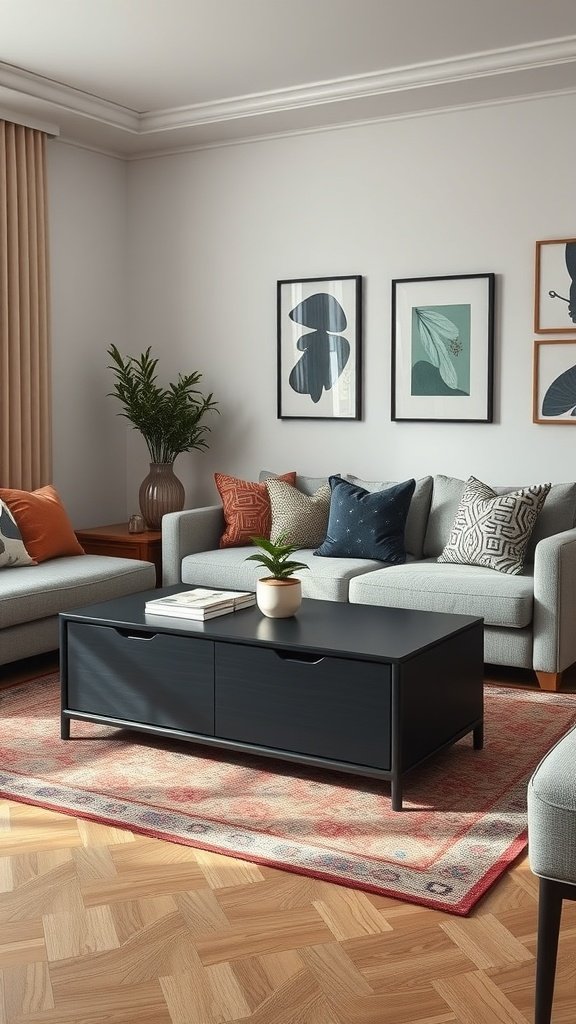 Cozy living area with a multi-functional black coffee table and colorful sofas