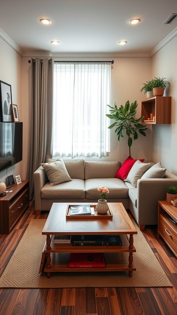 A minimalist living room featuring a neutral sofa, wooden coffee table, and decorative plants.