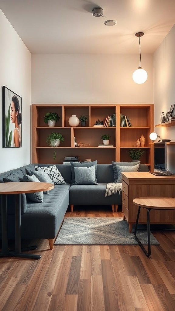 Cozy living area with multi-functional furniture, featuring a sofa, tables, and shelving.