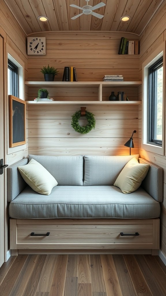 Cozy seating area in a tiny house with a couch that has storage underneath and shelves above.