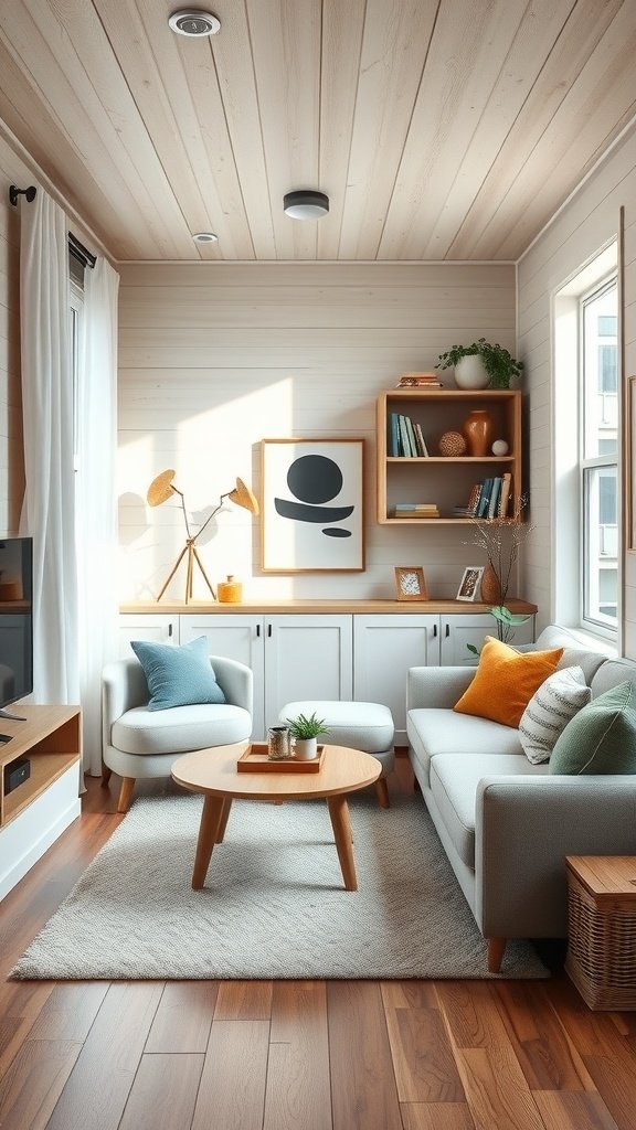 A cozy living room with multifunctional furniture, featuring a sofa, coffee table, and shelves, decorated in a boho style.