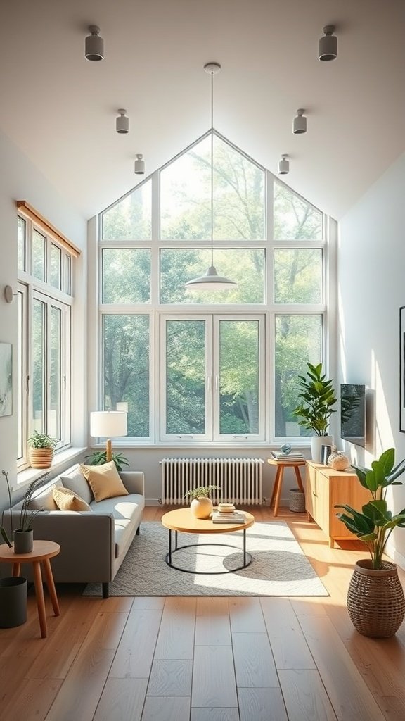 A bright and airy minimalist living room with large windows, light-colored furniture, and plants.