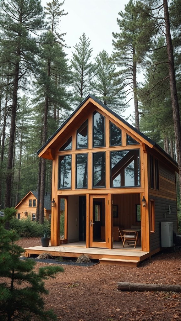 A nature-inspired tiny house surrounded by tall pine trees, featuring large windows and a wooden exterior.