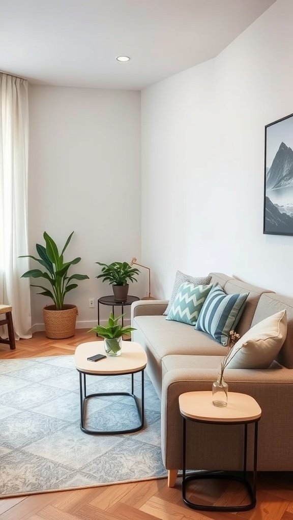 Cozy living room with nesting tables beside a sofa and plants