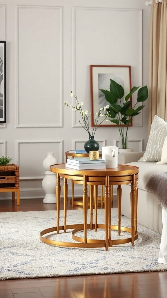 A set of stylish golden nesting tables beside a sofa, showcasing their versatility in a cozy living space.