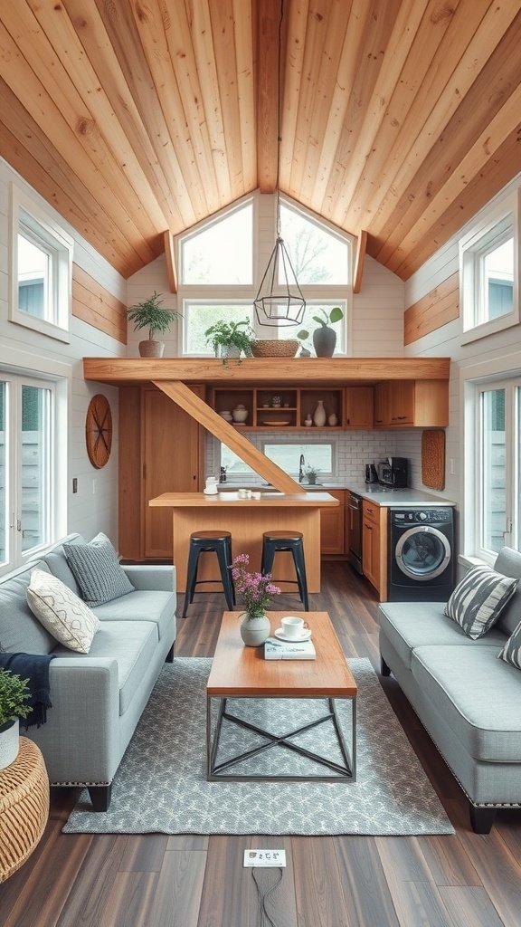 Cozy open concept tiny house interior with wooden beams, large windows, and a functional kitchen.