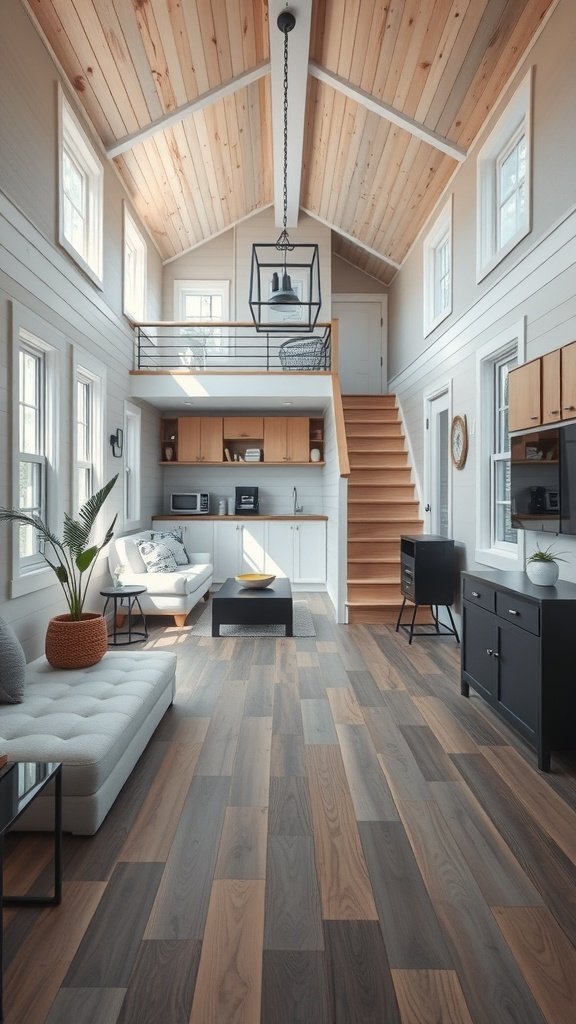 A bright and airy tiny house interior featuring an open floor plan with a living area and kitchen.