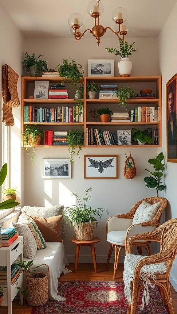 A cozy living room corner with open wooden shelves filled with books and plants, featuring rattan chairs and warm lighting.