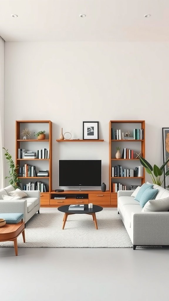 A minimalist living room featuring open shelving, a TV, and cozy furniture.