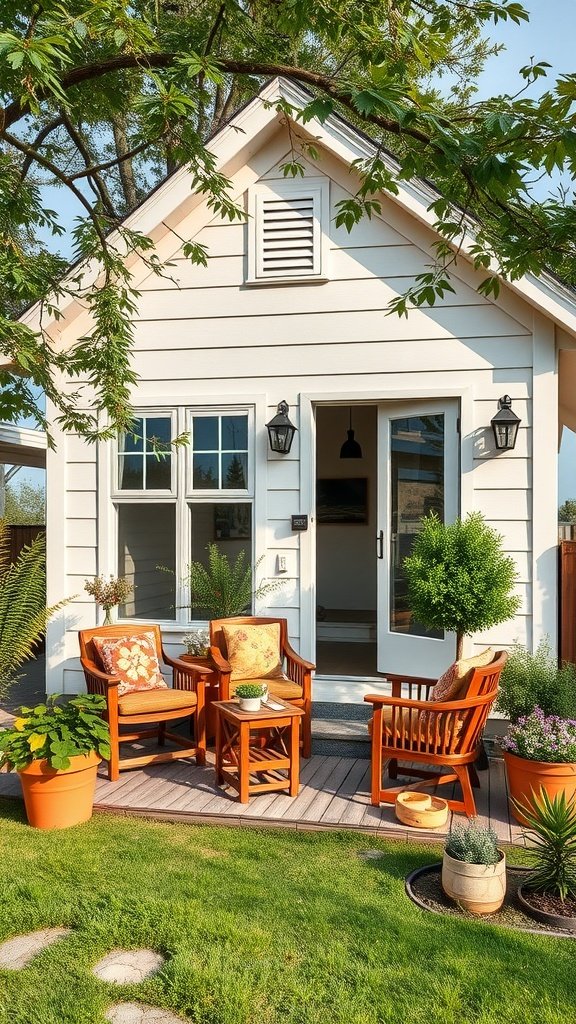 Cozy outdoor living space with wooden chairs, a small table, and potted plants