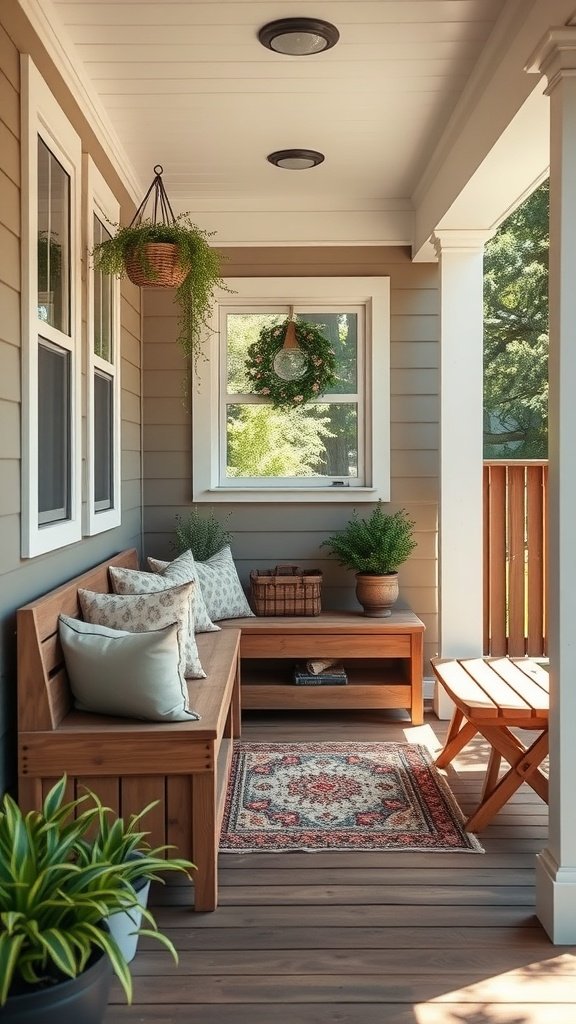 Cozy porch with wooden bench, plants, and decorative elements