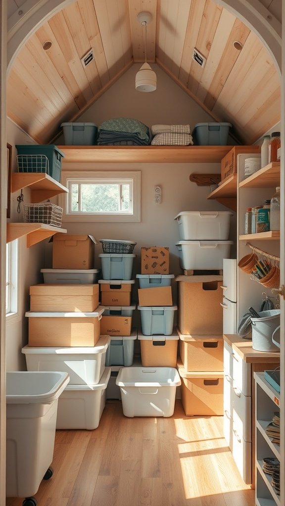 A well-organized overhead loft storage area with various bins and boxes.