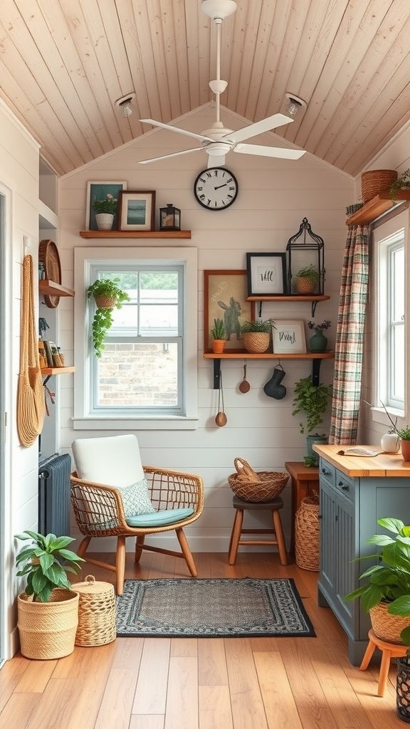 A cozy tiny house interior with plants, a comfortable chair, and personalized decor.