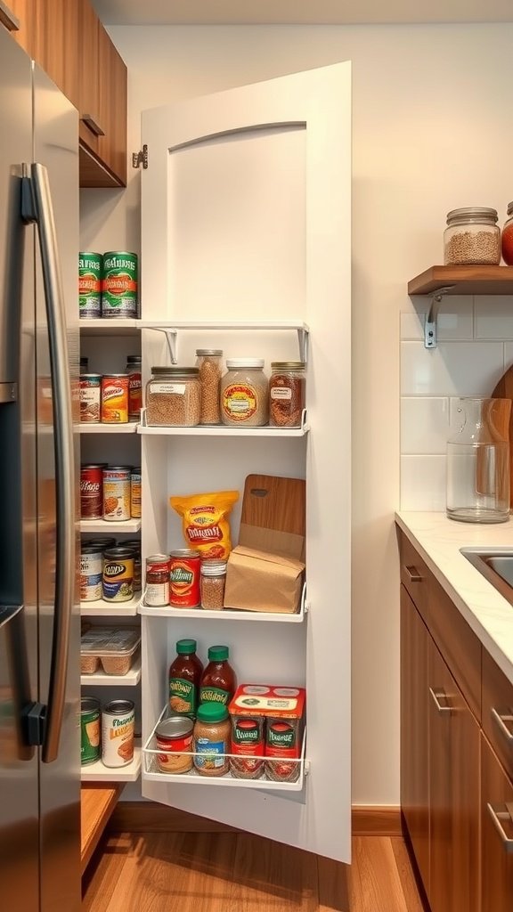 A pull-out pantry with shelves filled with jars and cans, located between a refrigerator and a wall.