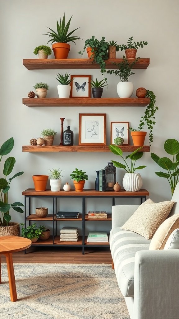 A cozy living room featuring reclaimed wood shelves adorned with plants and decorative items.