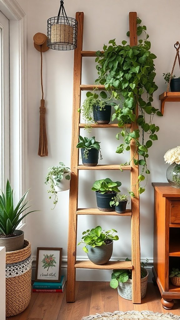 A wooden ladder repurposed as a planter, showcasing various potted plants.
