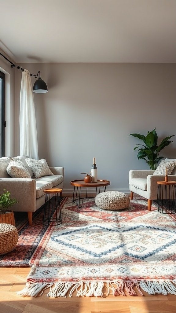 A cozy living room with layered rugs, featuring a main patterned rug and a round pouf, creating a boho vibe.
