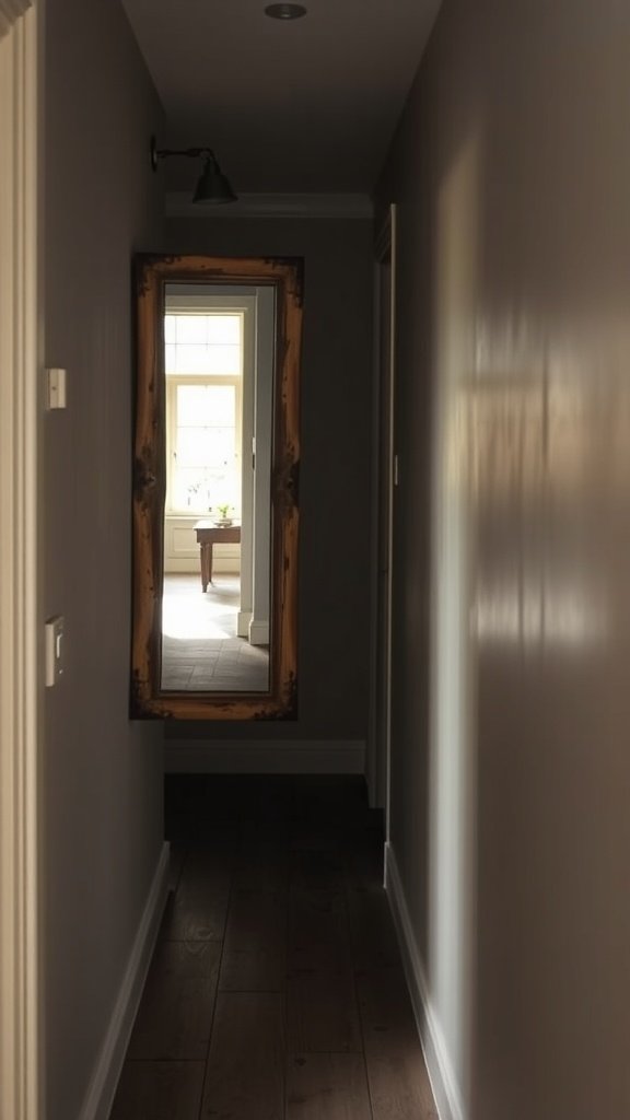 A rustic wooden-framed mirror in a narrow hallway reflecting light and creating depth.