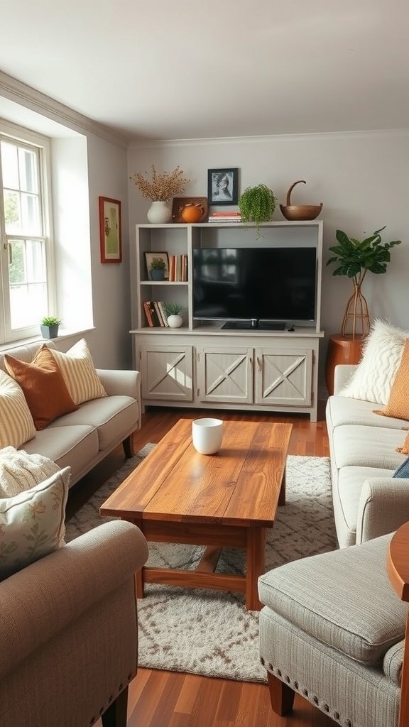 A cozy living room featuring a rustic wooden coffee table surrounded by comfortable seating and decorative accents.