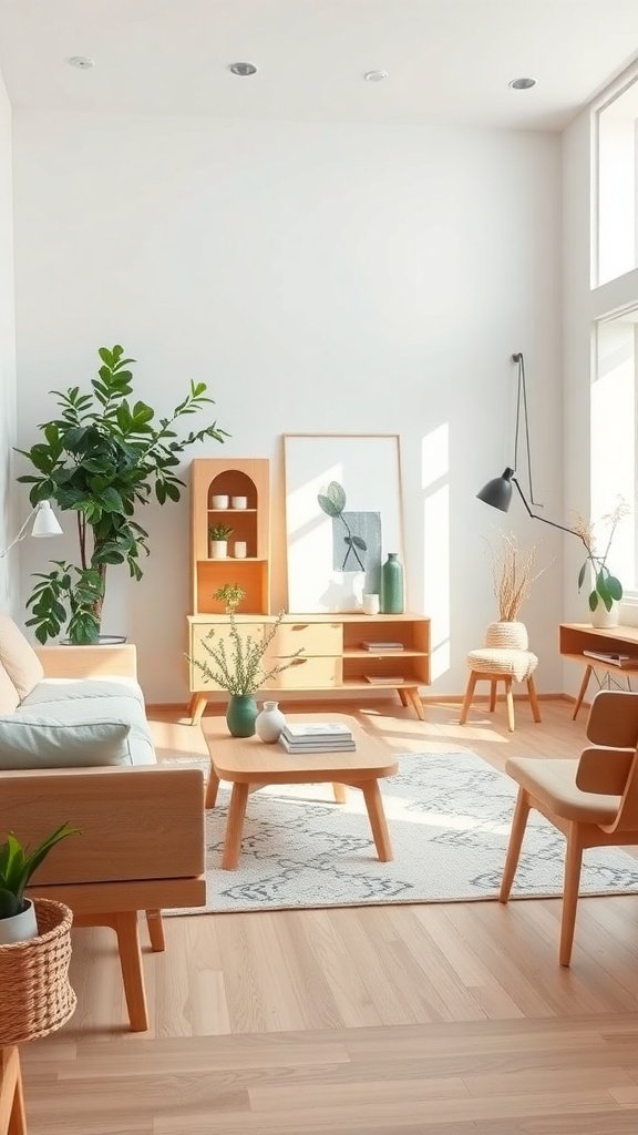 A minimalist Scandinavian-inspired living room with wooden furniture and plants.