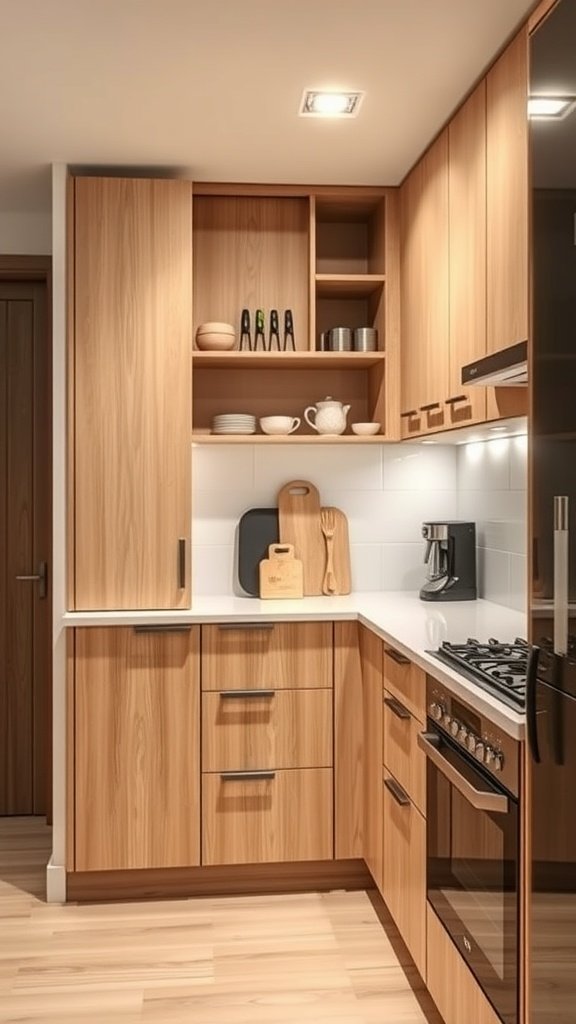 A modern kitchen with sliding door cabinets in warm wood finish, showcasing an organized and stylish space.