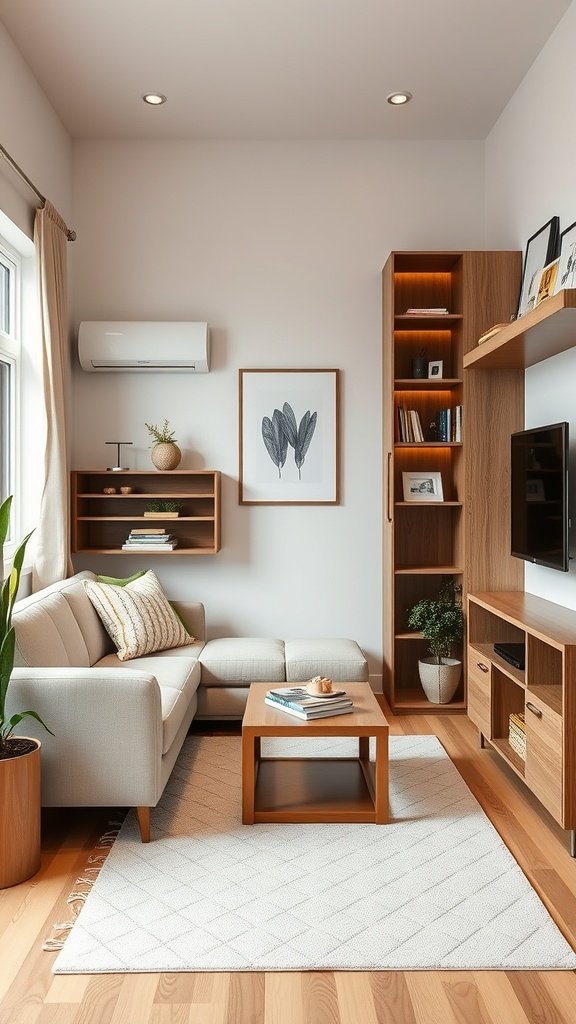 A minimalist living room with smart storage solutions, featuring a cozy sofa, wall-mounted shelves, and a coffee table.