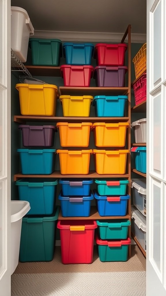 Colorful stackable storage bins organized on shelves