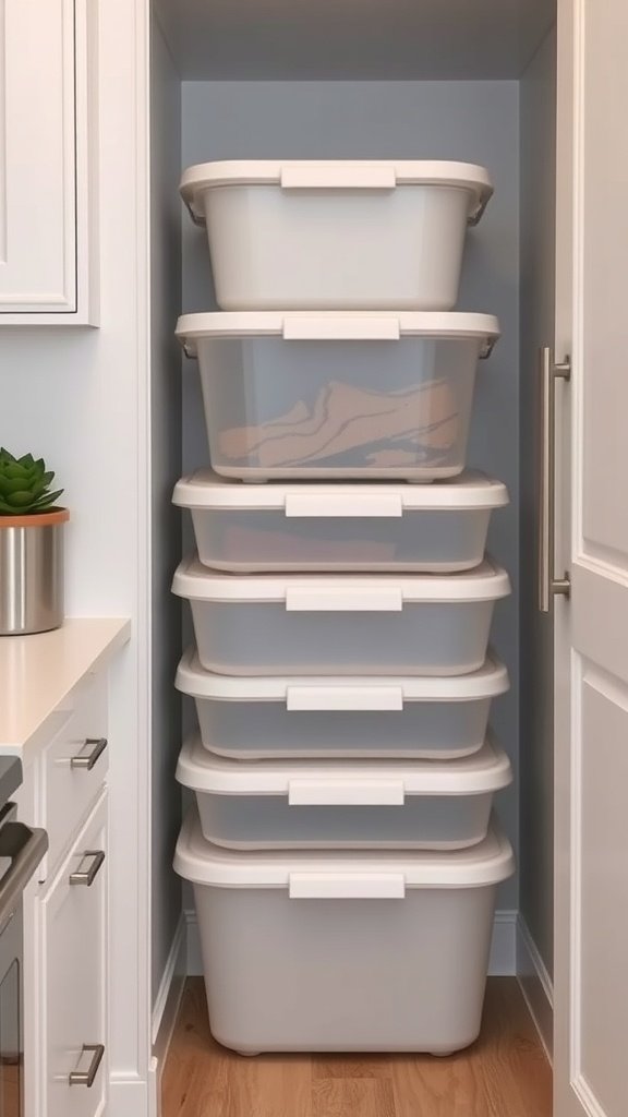 Stackable storage containers neatly arranged in a kitchen closet