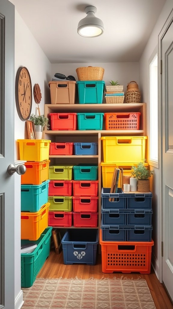 Colorful stackable storage crates arranged in a corner for efficient organization.