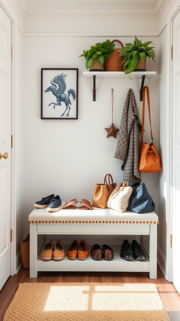 A stylish entryway featuring a storage bench with shoes and bags, complemented by a wall shelf with plants and a framed picture.