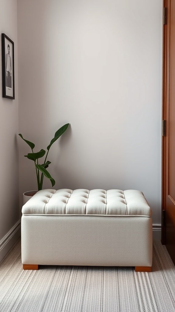 A stylish storage ottoman with a tufted top, placed in a cozy corner of a room.