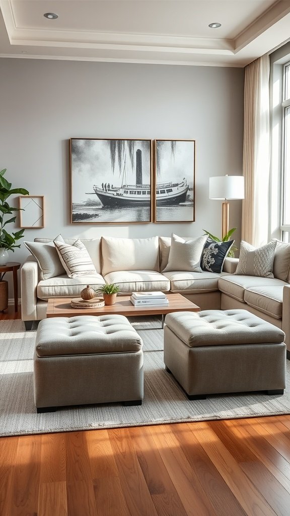 Stylish living room with storage ottomans and a cozy sofa.
