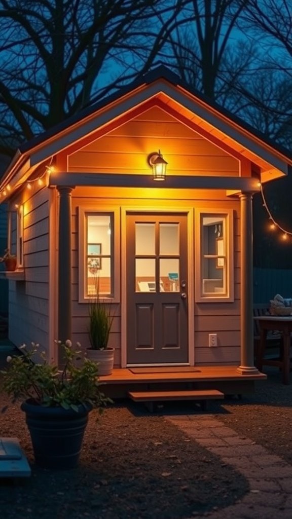 A cozy tiny house illuminated with warm lights at dusk, showcasing a welcoming atmosphere.