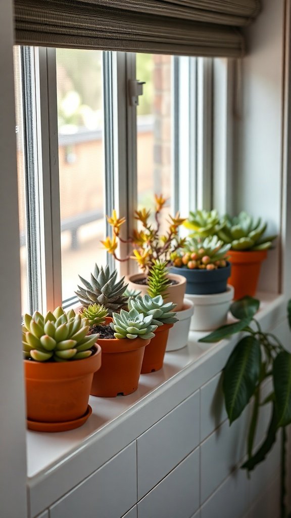 A variety of succulent planters in terracotta pots arranged on a windowsill.