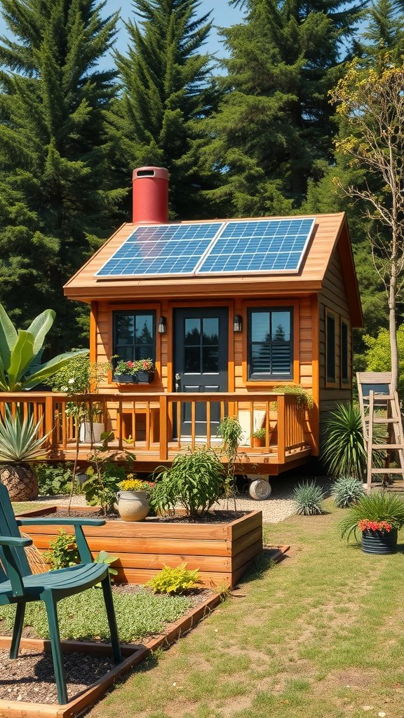 A tiny house with solar panels surrounded by greenery and a garden.