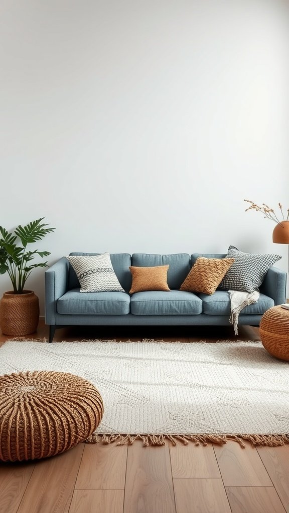 A minimalist living room featuring a blue sofa with textured pillows, a woven pouf, and a natural rug.