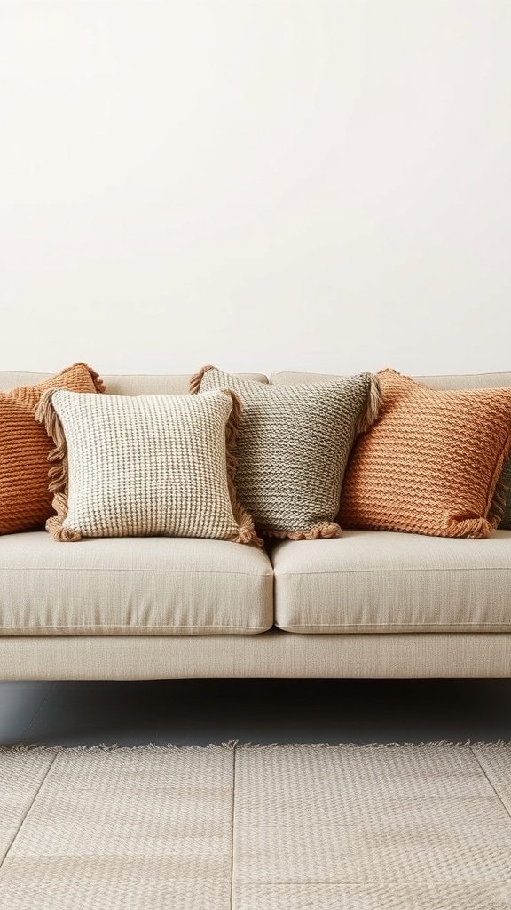 A cozy sofa with textured throw pillows in earthy tones